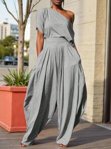 SHEIN 大码女式不对称肩部短袖褶皱锥形裤腿连体裤 - 灰色 - 查看 1