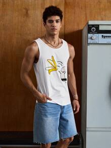 SWAVVY Men Cotton Sleeveless White Going Out Funny Cartoon Graphic Tank Top, Boyfriend Gift