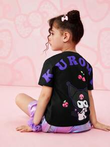 HELLO KITTY AND FRIENDS | SHEIN 少女卡通图案可爱黑色休闲短袖T恤夏季 - 黑色 - 查看 3