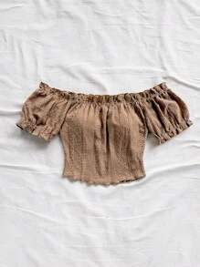 Soleia 百搭露肩荷叶边弹力短款皱褶短袖T恤上衣露肩上衣露肩短款上衣褶饰上衣挤奶女工上衣网眼上衣夏季上衣 - 卡其色 - 查看 3