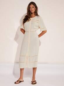 COSMINA Women's Solid Color Short Sleeve Round Neck Single-Breasted Casual Mid-Length Dress - Khaki - View 5
