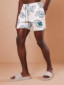 SUMWON Paisley Print Summer Beach Swimming Trunks Board Shorts Vacation Pool Side Pockets Adjustable Drawstring Swimwear