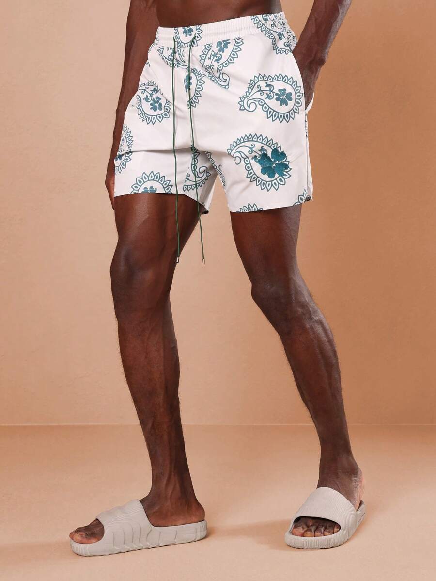 SUMWON Paisley Print Summer Beach Swimming Trunks Board Shorts Vacation Pool Side Pockets Adjustable Drawstring Swimwear