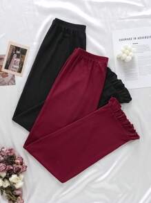 2 件套舒适休闲女士家居服套装，带荷叶边下摆