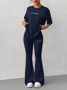 SHEIN EZwear 女士休闲字母刺绣落肩宽松 T 恤和喇叭裤 2 件套 - 藏蓝色 - 查看 4