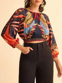 CAJUNI Women's Casual Tropical Colorful Parrot Print Bell Sleeve Cropped Shirt, Black Round Neck - Multicolor - View 5