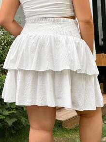 SHEIN EZwear Plus Size Women's Summer White Ruffled Layered Woven Fabric Elastic Waist Ruffle Trim High Waist A-Line Short Skirt - White - View 2