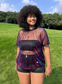 SHEIN EZwear 大码春夏女式彩虹色透明短袖上衣