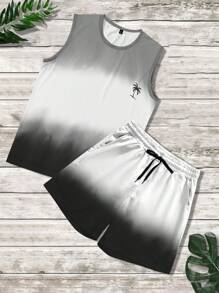 Manfinity RSRT Conjunto de camiseta de tirantes estampada con árboles de coco y degradado, y shorts con cordón en la cintura para hombre de talla grande, estilo de vacaciones de verano - Multicolor - Ver 2