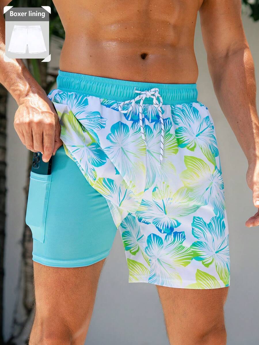 Manfinity Swimmode 男士时尚沙滩短裤，适合夏季，夏威夷风 - 彩色 - 查看 1