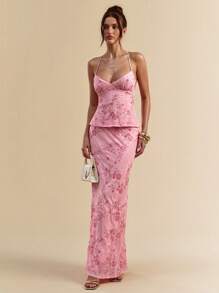 SHEIN BAE 春夏纯色粉色提花吊带背心，女士细肩带度假背心，提花上衣 - 粉色 - 查看 6