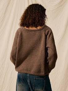 SHEIN EZwear Suéter casual de manga raglán color caqui sólido, suéter con hombros descubiertos para otoño/invierno - Caqui - Ver 2