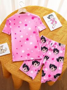Astro Boy X SHEIN Tween Girl Cartoon Little Girl & Star Sweet Print Elastic Tight-Fitting Home Pajamas Set - Pink - View 2