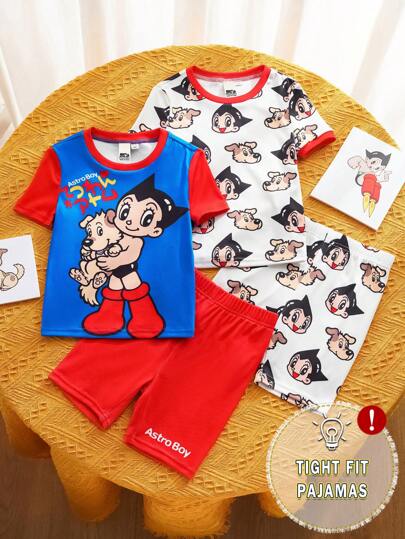 Astro Boy X SHEIN Young Boy 3D Cartoon Dog Print Colorblock Striped Breathable Elastic Short Sleeve Top And Shorts Pajama Set