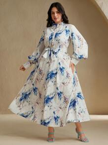 Anewsta Plus Size Women's Long Sleeve Elegant Flared A-Line Dress, New Style - Blue - View 3