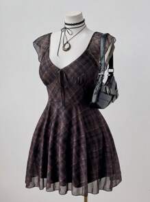 Sweetra Plus Size Women Summer Plaid Printed Cap Sleeve Square Neck Dress Boho  Vintage