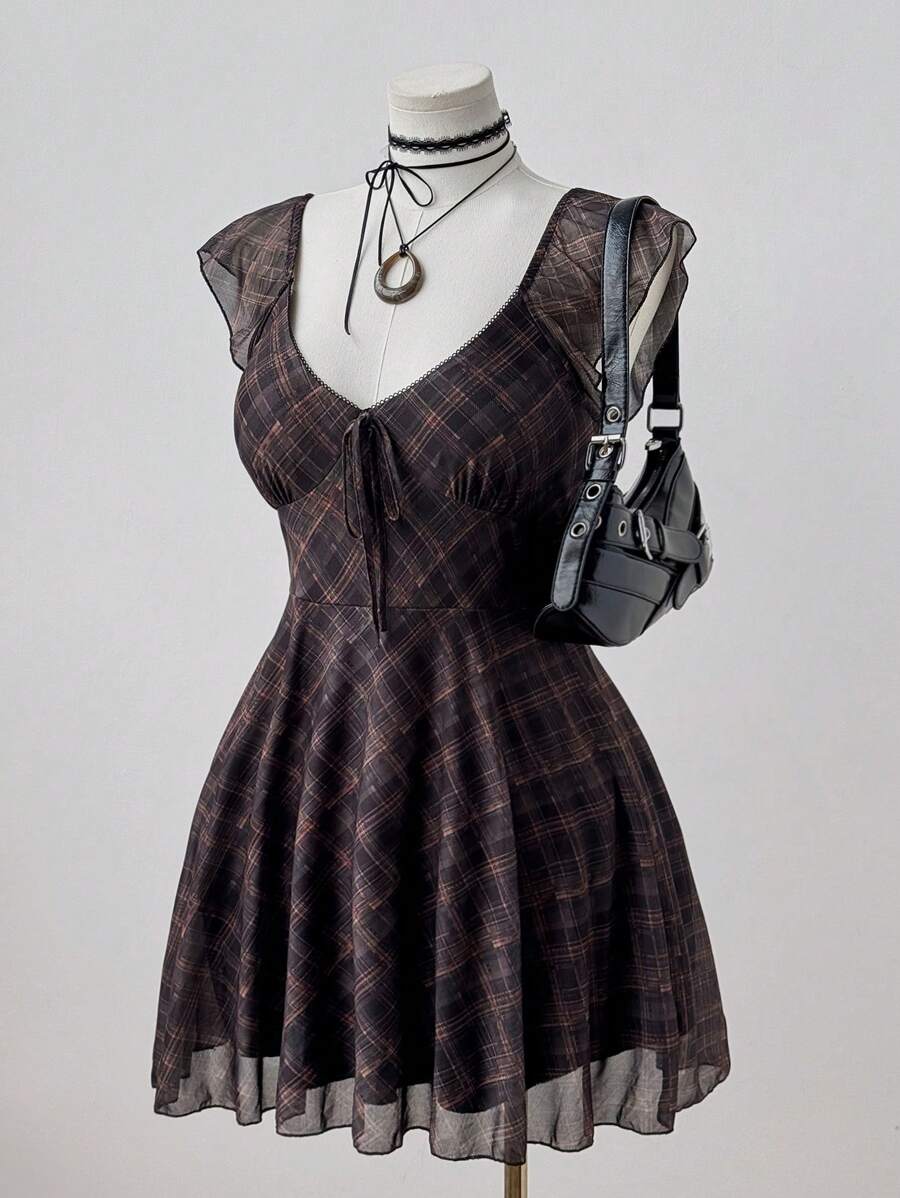 Sweetra Plus Size Women Summer Plaid Printed Cap Sleeve Square Neck Dress Boho  Vintage