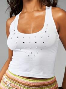 MISSGUIDED Rhinestone Studded Fitted Tank Top Summer Festival Crop Length Athletic Essentials Dance Performance Party Clubwear - White - View 4