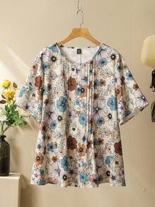 Lacomfia Plus Size Floral Print Arabic Style Short Sleeve Shirt - Multicolor - View 1