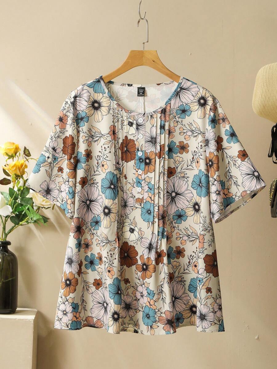 Lacomfia Plus Size Floral Print Arabic Style Short Sleeve Shirt - Multicolor - View 1