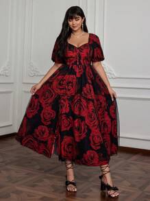 Lyrianda 大码女式花卉印花V领高开衩浪漫度假长裙女装