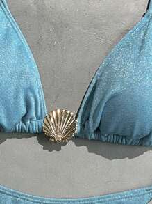 Swim Vcay Women's Sequin Fabric Halter Necklace With Shell Pendant Sexy Bikini Set For Summer Beach Vacation