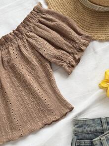 Soleia 百搭露肩荷叶边弹力短款皱褶短袖T恤上衣露肩上衣露肩短款上衣褶饰上衣挤奶女工上衣网眼上衣夏季上衣 - 卡其色 - 查看 7