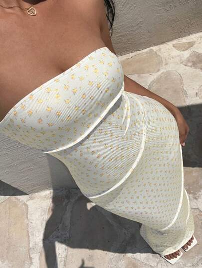 Aloruh Women's Sexy Smocked Bust Ditsy Ditsy Floral Fitted Bodycon Midi Dress,Bodycon Dress