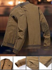 Manfinity Homme Men's Long Sleeve Letter Print Zip Up Casual Baseball Jacket - Khaki - View 2