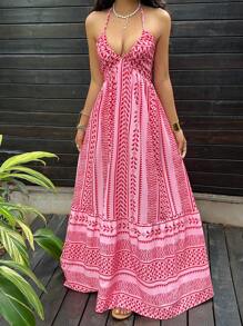 SHEIN Unity Pink Digital Print Fitted Waist Vacation Style Deep V-Neck Halter Backless Tie Dress - Pink - View 6