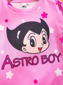 Astro Boy X SHEIN Tween Girl Cartoon Little Girl & Star Sweet Print Elastic Tight-Fitting Home Pajamas Set - Pink - View 4
