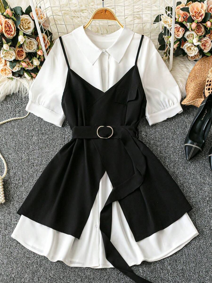 SHEIN Clasi Bộ 2 món thời trang nữ tính giản dị sang trọng cỡ lớn màu đen và trắng - Đen và trắng - Xem 1