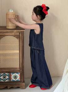 Dazy Kids 2件套少女圆领无袖牛仔上衣+牛仔裤套装，春夏