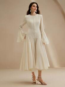 Anewsta Elegant Beige Long Sleeve A-Line Dress With Button Decor Bell Sleeves Party Autumn - Apricot - View 4