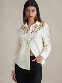 Briarwyn Blusa de manga larga con bajo curvo y encaje de contraste de unicolor, para primavera/verano, verano y playa, 4 de julio, aeropuerto - Albaricoque - Ver 5