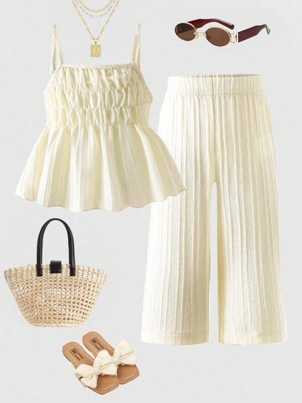 Baby Girl Summer Set - Korean Style Casual Cute Sleeveless Top And Long Pants In Apricot, 2 Pieces Outfit