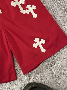 SHEIN 1 pieza Pantalones cortos casuales de estampado de cruz holgados con cordón en la cintura para adolescentes varones, para uso en verano y primavera; Ropa de niños adolescentes; Chaquetas de niños, de vuelta al colegio en primavera