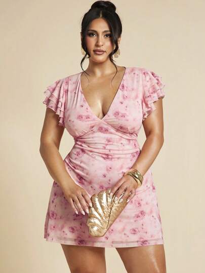 SHEIN BAE Plus Size Women Elegant Floral Mesh Printed Tight Fitted Deep V-Neck Dress, Slimming, Arm Flattering, 4th Of July Curve,Beach Outfit For Women,Airport Outfit Women,Festival Outfits Women,Graduation ,Women Summer Clothes,Going Out Tops Women,Rave Outfits,Club Outfits Women Sexy,Birthday Outfits For Women,Western Wear Women,Wedding Guest Dress Women,Summer Dresses For Women,Holiday Outfits,Vacation Outfits Woman,Pink Dress
