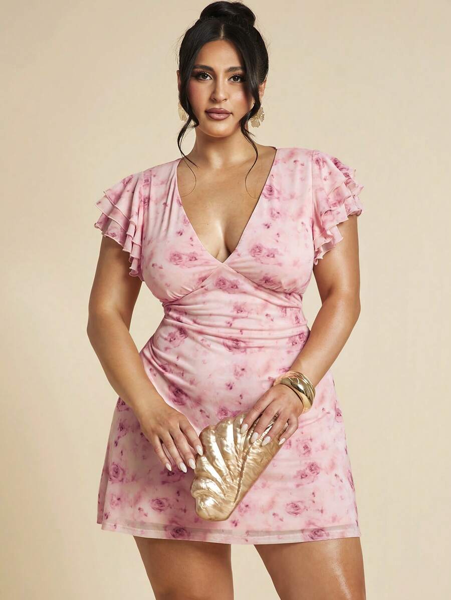 SHEIN BAE 大码女式优雅印花网纱紧身深V领连衣裙，显瘦显瘦，修饰手臂线条，适合7月4日美国独立日、海滩度假、机场出行、节日庆典、毕业典礼、夏季女装、外出上衣、锐舞派对、性感夜店装、生日装、西式女装、婚礼宾客礼服、夏季连衣裙、假日装、度假装，粉色连衣裙