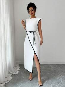 Elenzga Đầm xòe eo thanh lịch màu tương phản cho nữ đi làm - trắng - Xem 3