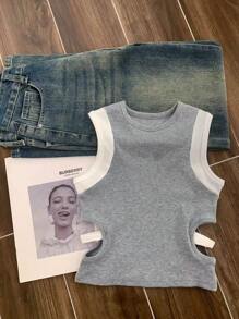 Airaco 女式夏季休闲拼色镂空无袖上衣 - 灰色 - 查看 5