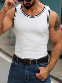 Manfinity Homme Men's Striped Crew Neck Casual Versatile Tank Top - White - View 1