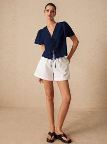 Poéselle Women's Summer Plain Tie-Front Short Puff Sleeve Blouse