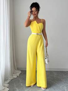 Elenzga Women's Solid Color Wrap Front Sleeveless Jumpsuit With Wide Leg, Elegant For Commuting And Daily Wear - Yellow - View 7