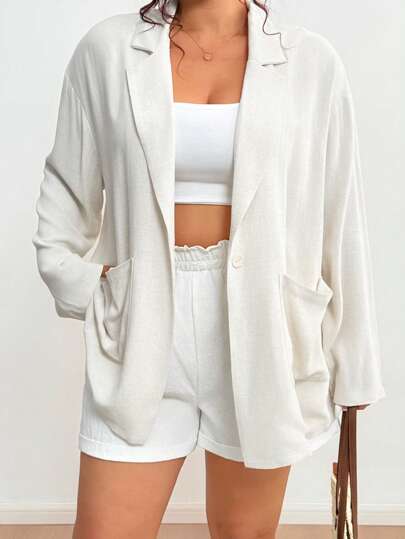 Flirla Plus Size Women Solid Color Minimalist Loose Casual Suit Jacket Graduation,Back To School,Teacher Outfits For Women