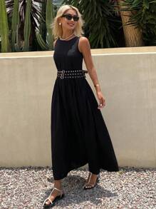 DAZY Women's Solid Color Round Neck Sleeveless A-Line Umbrella Skirt Dress, Waisted Casual Vacation Summer Long Dress Maxi Dress - Black - View 6