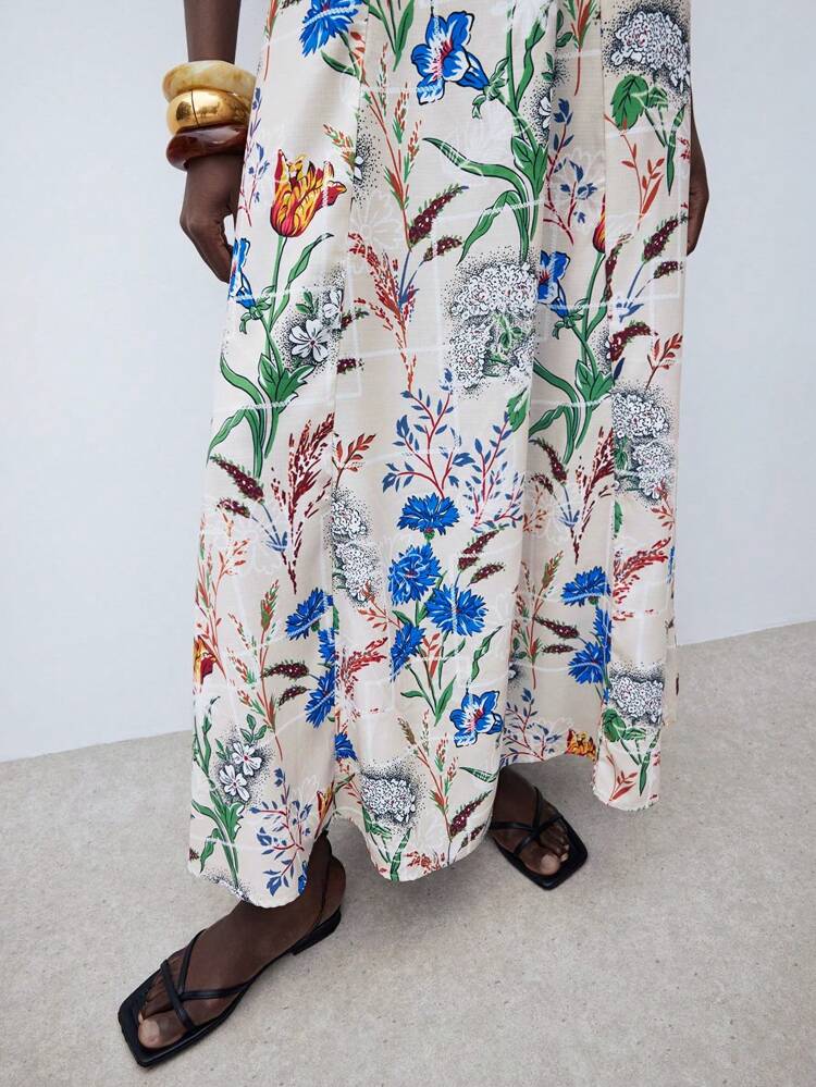 SHEIN Maija Romantic Floral Multi-Color Print Chiffon Embroidered Ruched Tie-Up Ruffle Hem Design Maxi Dress For Women, Waist Cinched Fit, Flattering Silhouette, Suitable For Holiday, Vacation, Versatile Outerwear, Halloween