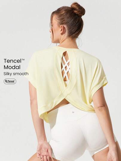 GLOWMODE 莫代尔超大短袖T恤，背部有锁孔，低冲击瑜伽日常休闲