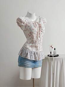 Elamini 女士度假风碎花荷叶边下摆单排扣衬衫，娃娃装上衣 - 杏色 - 查看 5