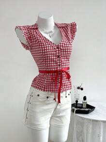 Elamini 女式红色格子束腰低领荷叶边下摆休闲夏季衬衫